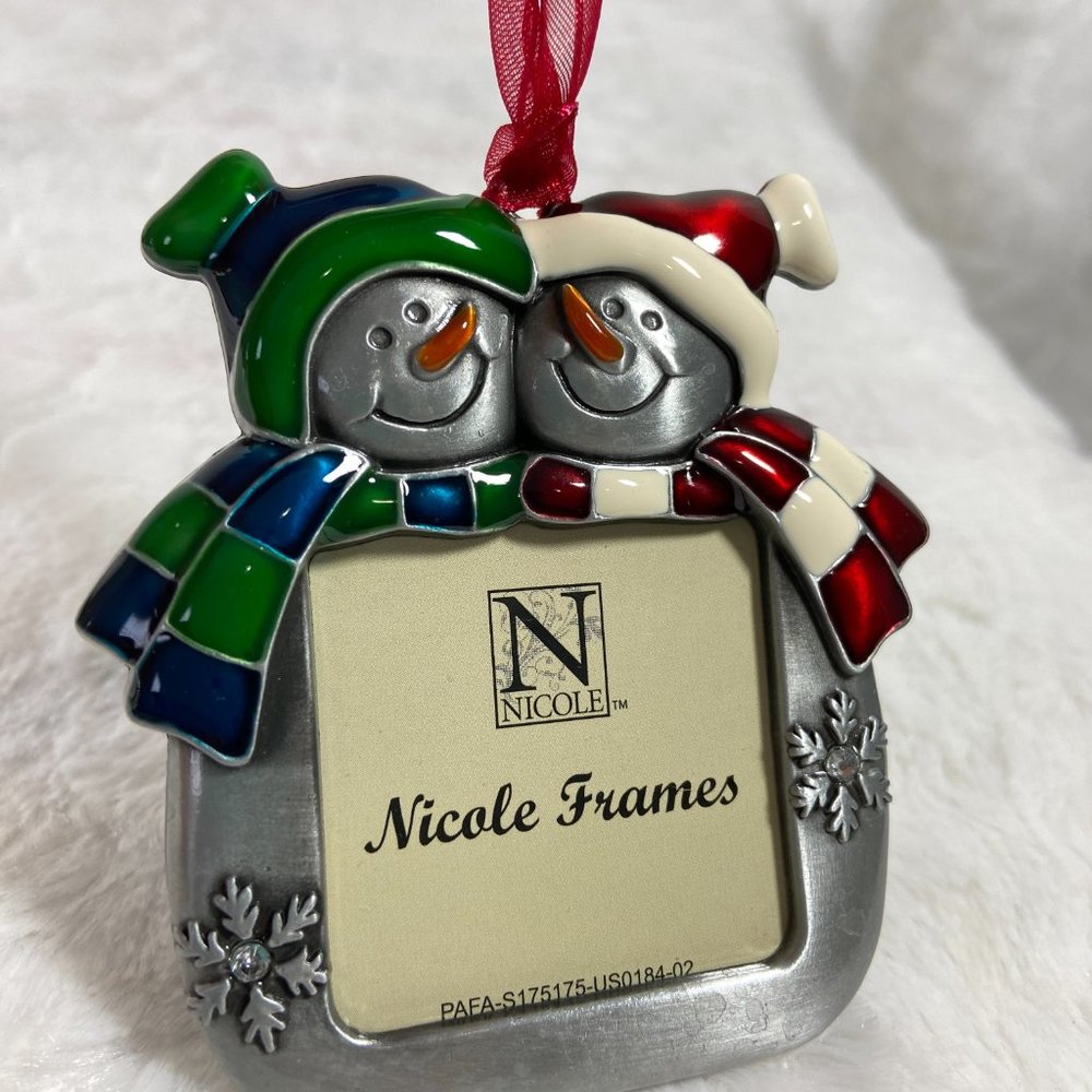 Nicole Frames Snowman Couple Metal Enamel Ornament Photo holder hanging  nib